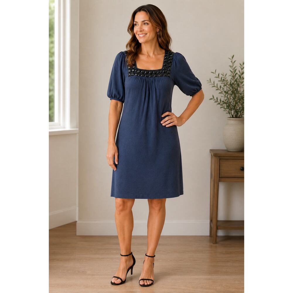 Cherry Blue Beaded Neck Shift Dress Medium Knit Boho Casual